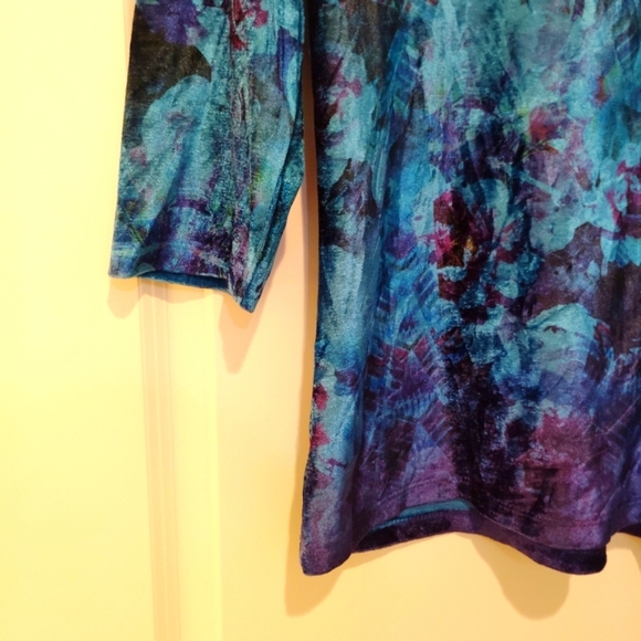 One World Velvet Tunic Top Blouse 3/4 Sleeve Blue Turquoise Medium M Boho Sequin - Picture 11 of 13